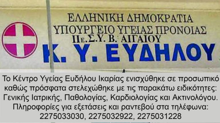 Ειδικότητες Γενικής Ιατρικής, Παθολογίας, Καρδιολογίας & Ακτινολόγου στο Κ. Υ. Ευδήλου